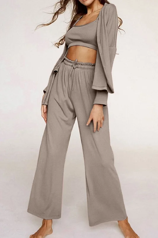 Hazel Blues® | Spaghetti Strap Bra, Open Front Cardigan and Drawstring Pants Set Spandex Blend Rayon Blend Denim Blend Hazel Blues® | Spaghetti Strap Bra, Open Front Cardigan and Drawstring Pants Set Spandex Blend Rayon Blend Denim Blend
