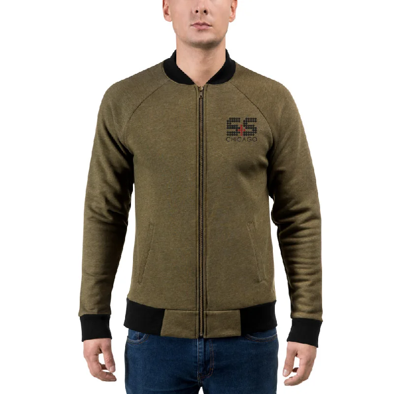 Unisex Bomber Jacket (Heather Military Green with Black and Red Embroidered S&S) Denim Jacket Leather Jacket Suede Jacket
