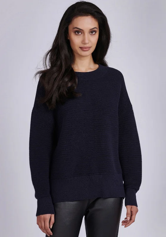 Barbour International Womens Delta Rib Knit Jumper, Navy Denim Fabric Leather Fabric Suede Fabric Barbour International Womens Delta Rib Knit Jumper, Navy Denim Fabric Leather Fabric Suede Fabric
