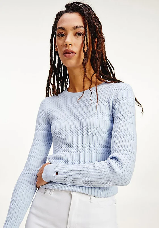 Tommy Hilfiger Women’s Fine Knit Twist-Ribbed Crewneck Jumper, Blue Fitted Slim Tailored Tommy Hilfiger Women’s Fine Knit Twist-Ribbed Crewneck Jumper, Blue Fitted Slim Tailored