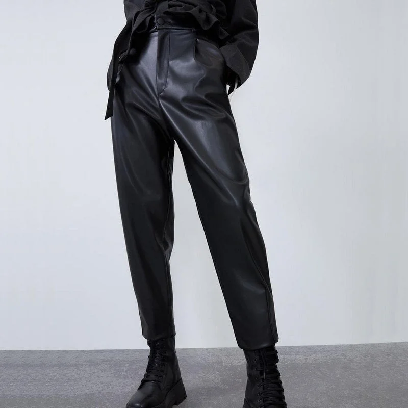2020 New Fashion Autumn Winter Women High Waist Black Faux Leather Pants Lady PU Loose Pencil Trousers Elegant Pocket Streetwear Trousers Party Sparkling 2020 New Fashion Autumn Winter Women High Waist Black Faux Leather Pants Lady PU Loose Pencil Trousers Elegant Pocket Streetwear Trousers Party Sparkling