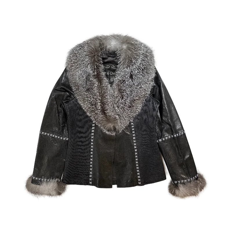 Kashani Black Silver Fox Leather Stitched Jacket Faux Fur Fabric Real Fur Fabric Shearling Fabric Kashani Black Silver Fox Leather Stitched Jacket Faux Fur Fabric Real Fur Fabric Shearling Fabric