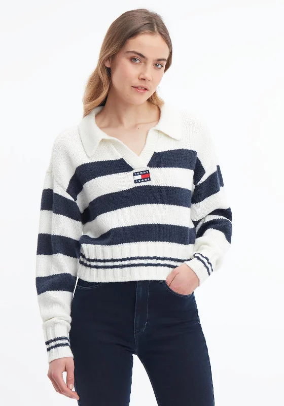 Tommy Jeans Boxy Crop Stripe Polo Jumper, Twilight Navy Cotton Fabric Linen Fabric Terry Fabric Tommy Jeans Boxy Crop Stripe Polo Jumper, Twilight Navy Cotton Fabric Linen Fabric Terry Fabric