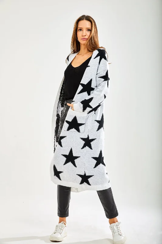 Liquorish Star Pattern Long Cardigan In White Hooded Cardigan Collared Cardigan Shawl Collar Liquorish Star Pattern Long Cardigan In White Hooded Cardigan Collared Cardigan Shawl Collar