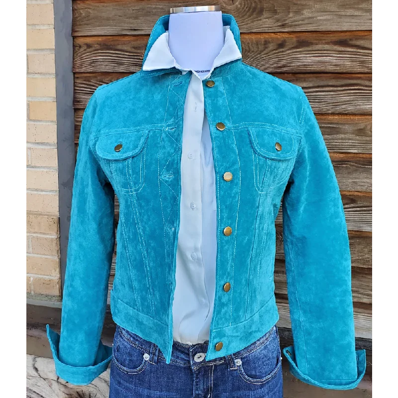 Ladies Suede Turquoise Jacket Front Pockets Side Pockets Patch Pockets
