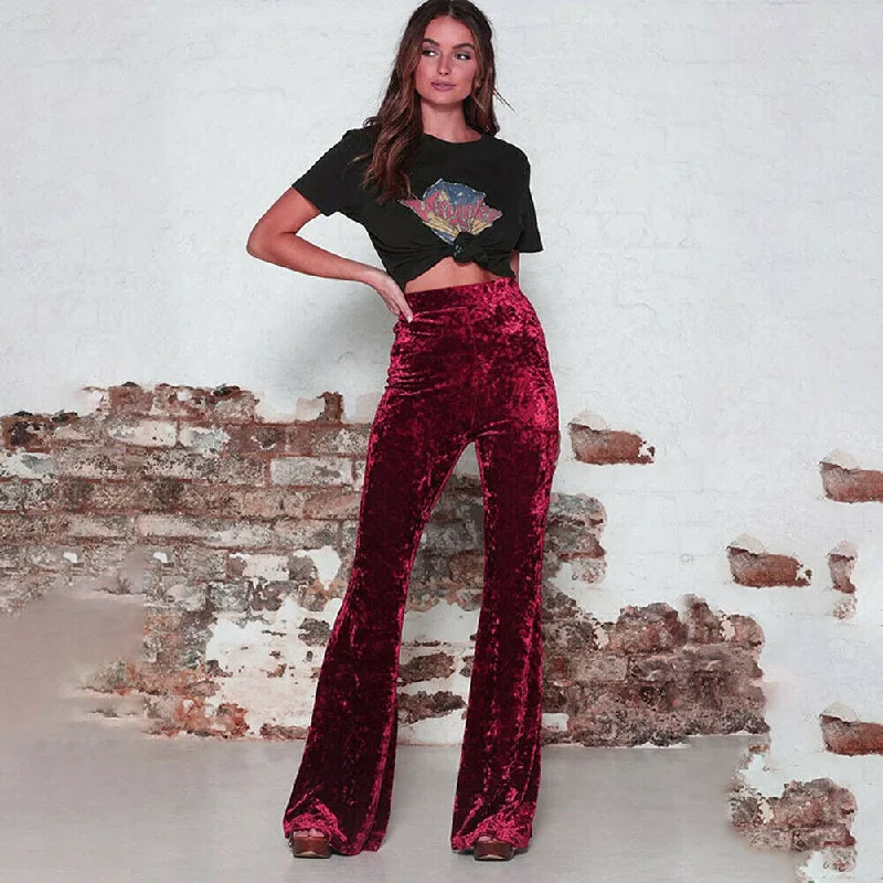 Vintage Velvet Long Flare Pants Women Korean Streetwear Sexy High Waist Trousers Lady Casual Velour Red Black Bell Bottom Pants Trousers Lace Delicate Vintage Velvet Long Flare Pants Women Korean Streetwear Sexy High Waist Trousers Lady Casual Velour Red Black Bell Bottom Pants Trousers Lace Delicate