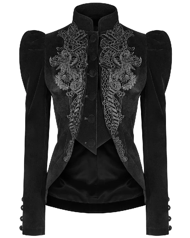 Punk Rave Vesperina Womens Gothic Velvet Riding Jacket - Black Collared Jacket Crew Neck Jacket Turtle Neck Jacket Punk Rave Vesperina Womens Gothic Velvet Riding Jacket - Black Collared Jacket Crew Neck Jacket Turtle Neck Jacket