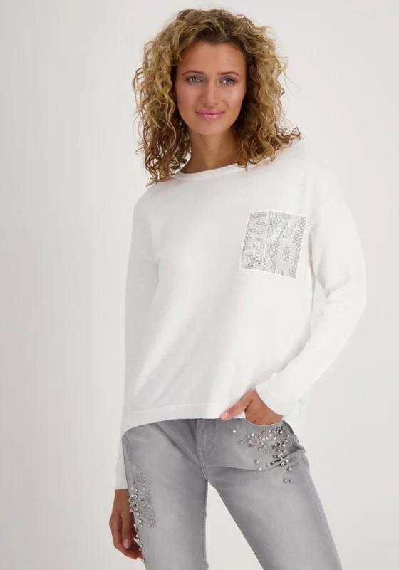 Monari Rhinestone Patch Pocket Knit Sweater, White Knit Fabric Woven Fabric Fleece Fabric Monari Rhinestone Patch Pocket Knit Sweater, White Knit Fabric Woven Fabric Fleece Fabric