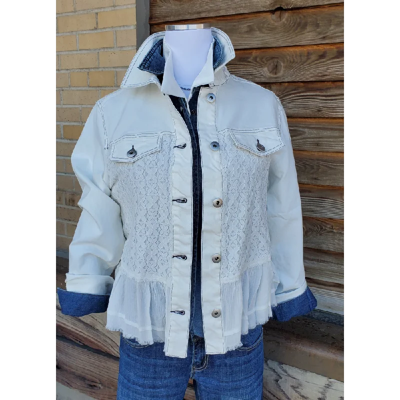 White Jacket with Ruffles & Lace Stand-Up Collar Roll-Neck Collar Turtle Neck
