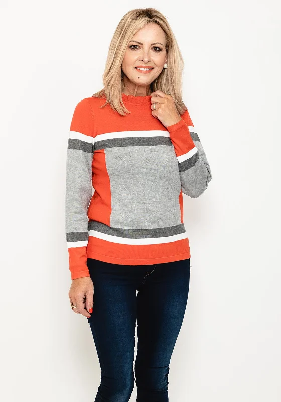 Micha Frill Neck Colour Block Sweater, Orange Multi Plaid Sweater Polka Dot Checkered Micha Frill Neck Colour Block Sweater, Orange Multi Plaid Sweater Polka Dot Checkered