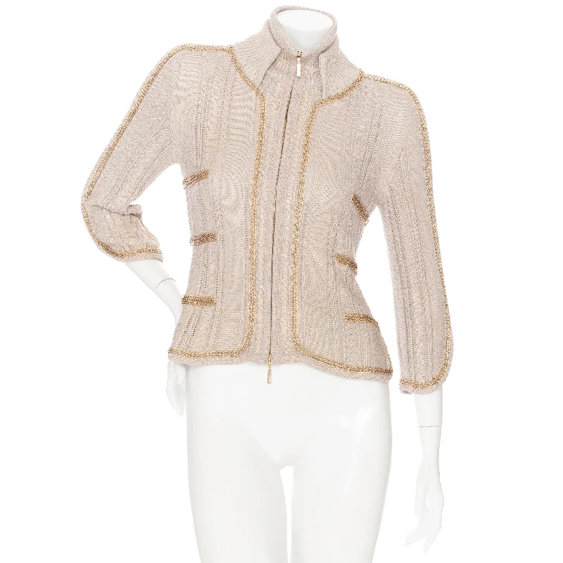 2008 Beige and Gold-Brushed Chain-Trim Knit Cardigan Fleece Fabric Down Fabric Feather Fabric 2008 Beige and Gold-Brushed Chain-Trim Knit Cardigan Fleece Fabric Down Fabric Feather Fabric