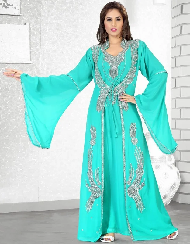 Luscious Crystal Embellished Bell Sleeves Jacket Style Kaftan Sea Notch Collar Peter Pan Collar Cowl Neck