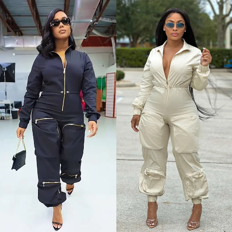 Waist-Tight Cargo Overalls Metal Zipper Bread Bag Casual Trousers(CL11709) Trousers Satin Smooth Waist-Tight Cargo Overalls Metal Zipper Bread Bag Casual Trousers(CL11709) Trousers Satin Smooth