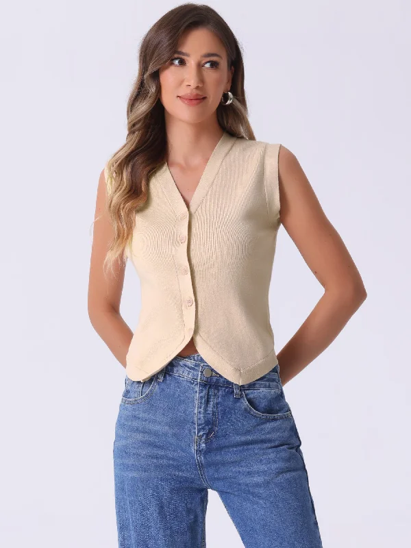 Sleeveless Button Up Casual Knitted Cropped Sweater Vest Mesh Blend Leather Blend Suede Blend Sleeveless Button Up Casual Knitted Cropped Sweater Vest Mesh Blend Leather Blend Suede Blend