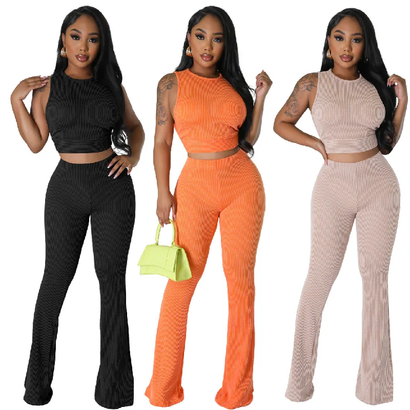Solid Color Rib Fabric Sleeveless Bootcut Trousers 2PC Set (CL11794) Trousers Velvet Soft Solid Color Rib Fabric Sleeveless Bootcut Trousers 2PC Set (CL11794) Trousers Velvet Soft