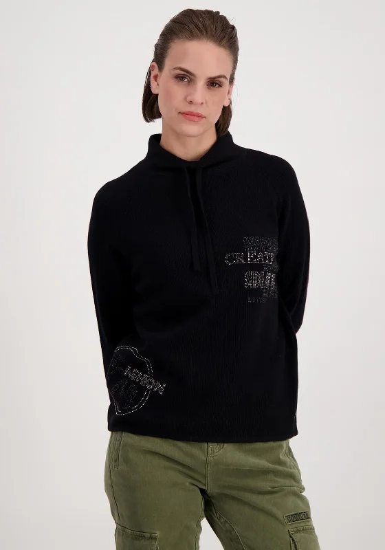 Monari Drawstring Collar Knit Jumper, Black Denim Fabric Leather Fabric Suede Fabric Monari Drawstring Collar Knit Jumper, Black Denim Fabric Leather Fabric Suede Fabric