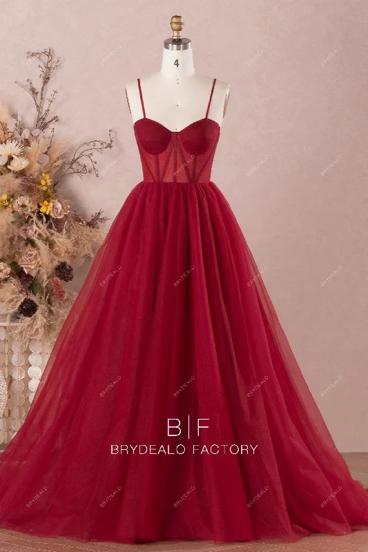 Burgundy Tulle Sweetheart Neck Corset Prom Dress