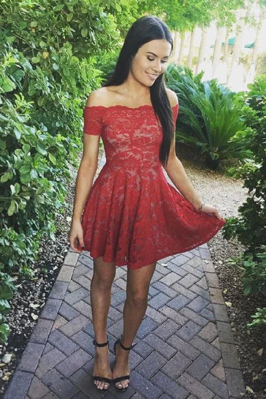 Stylish A-Line Off-Shoulder Red Lace Short Homecoming Dress,Prom Dresses DM349