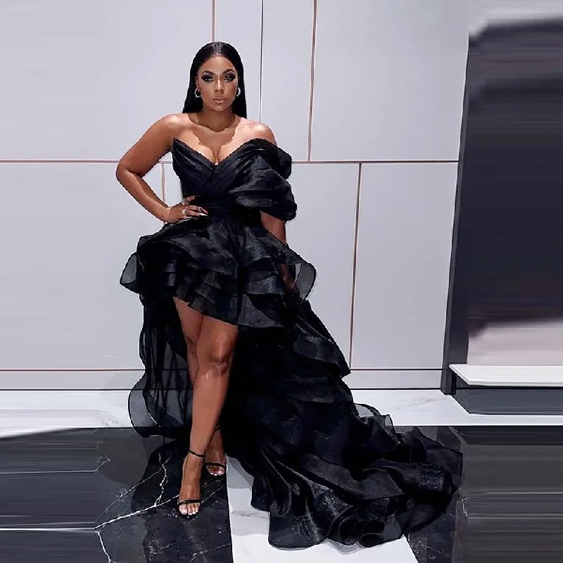 Black Tiered Prom Dresses One Shoulder High Low Party Eveing Dress For Black Girls African Birthday Gowns Black Tiered Prom Dresses One Shoulder High Low Party Eveing Dress For Black Girls African Birthday Gowns