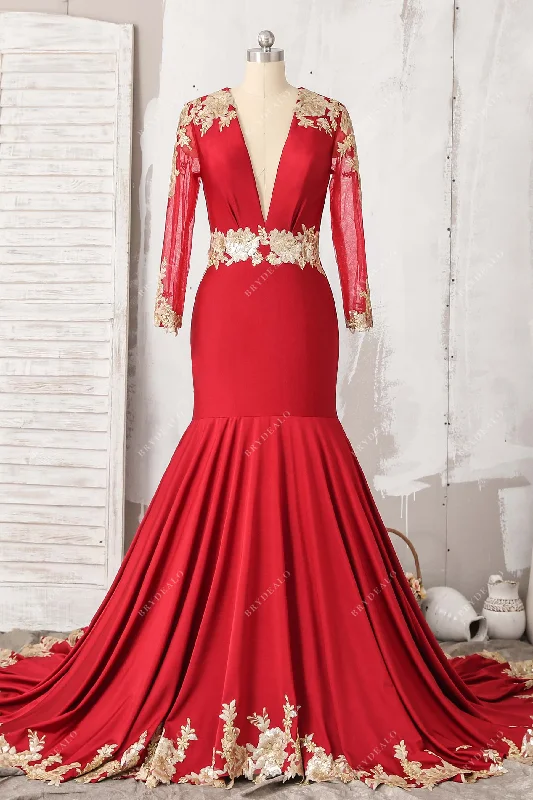 Red Jersey Gold Lace Detailing Mermaid Prom Dress
