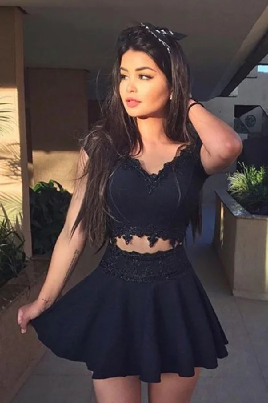 Modern A-Line V-Neck Cap Sleeveless Prom Dresses,Black Short Homecoming Dress Appliques DM477 Modern A-Line V-Neck Cap Sleeveless Prom Dresses,Black Short Homecoming Dress Appliques DM477