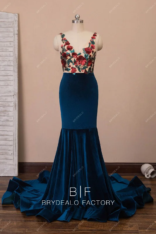 Ink Blue Velvet Sequin Flowers Mermaid Prom Dress