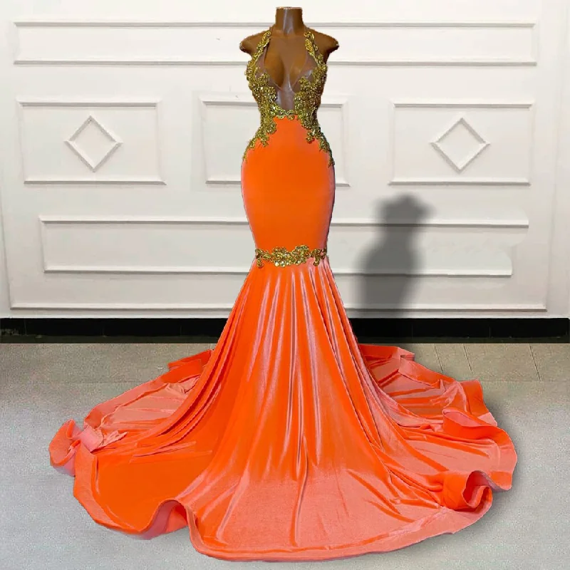 Gold Lace Orange Mermaid Long Prom Dresses for Graduation Party Sexy Sheer Mesh Backless Women Custom Formal Evening Gown Gold Lace Orange Mermaid Long Prom Dresses for Graduation Party Sexy Sheer Mesh Backless Women Custom Formal Evening Gown