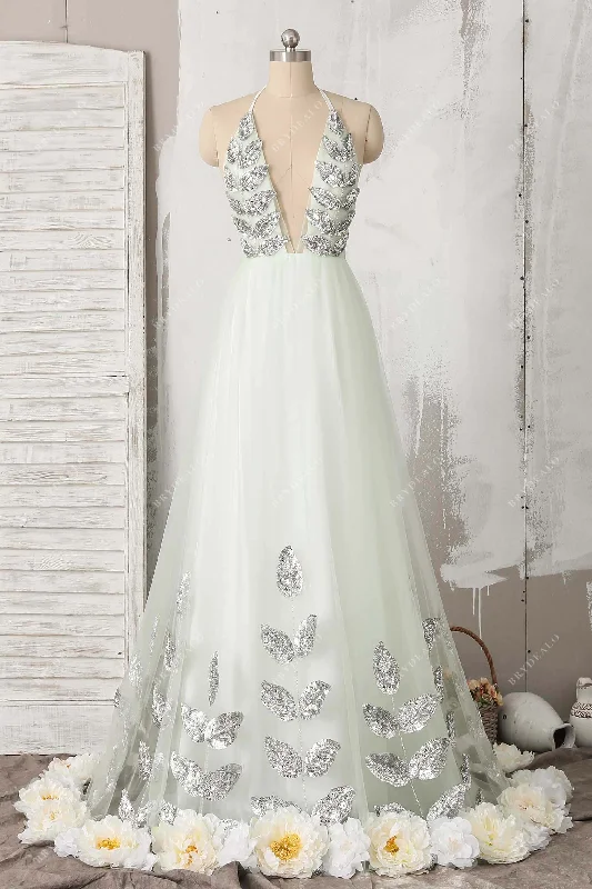 Light Green Fairy Flower Sequin Prom Dress