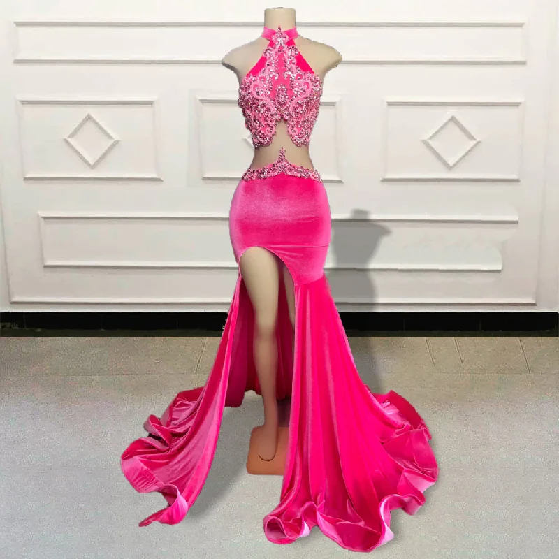 Sexy Pink Mermaid Long Prom Dresses with Slit Glitter Crystals Diamond Women Formal Velvet Evening Gowns for Birthday Party Sexy Pink Mermaid Long Prom Dresses with Slit Glitter Crystals Diamond Women Formal Velvet Evening Gowns for Birthday Party