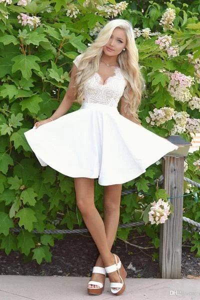Sexy Cap Sleeves White Lace A Line Short Homecoming Dress with Open Back DM344