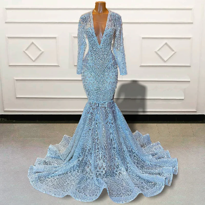 Luxury Black Girl Mermaid Long Prom Dresses Sparkly Sequined Beaded Full Sleeves V Neck Women Custom Formal Evening Gown Luxury Black Girl Mermaid Long Prom Dresses Sparkly Sequined Beaded Full Sleeves V Neck Women Custom Formal Evening Gown