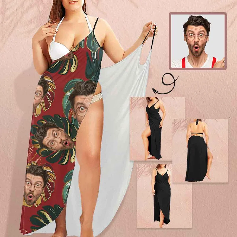 Custom Husband Face Big Leaves Spaghetti Strap Backless Beach Dress Personalized Women's Cover up Beach Dress Custom Husband Face Big Leaves Spaghetti Strap Backless Beach Dress Personalized Women's Cover up Beach Dress