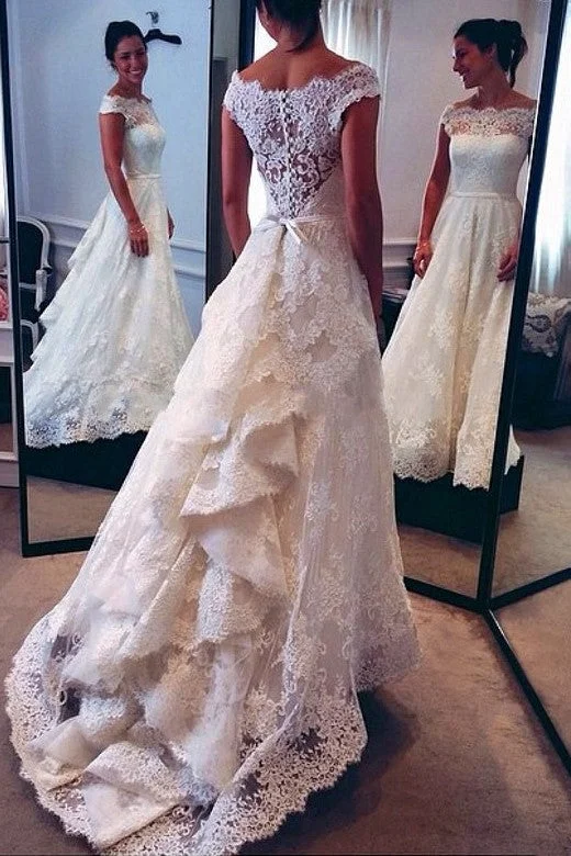 Bateau Cap Sleeves Lace Wedding Bridal Dress with Cascade Train