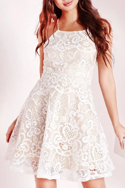 A-line Halter Short White Criss-Cross Straps Lace Homecoming Dresses,Graduation Dresses DM343
