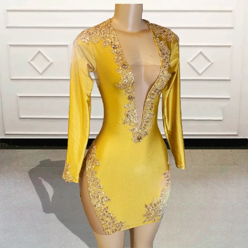 Sexy Black Girls Gold Short Prom Dresses Lace Beaded Full Sleeves Women Mini Cocktail Gowns for Birthday Party Custom Made Sexy Black Girls Gold Short Prom Dresses Lace Beaded Full Sleeves Women Mini Cocktail Gowns for Birthday Party Custom Made