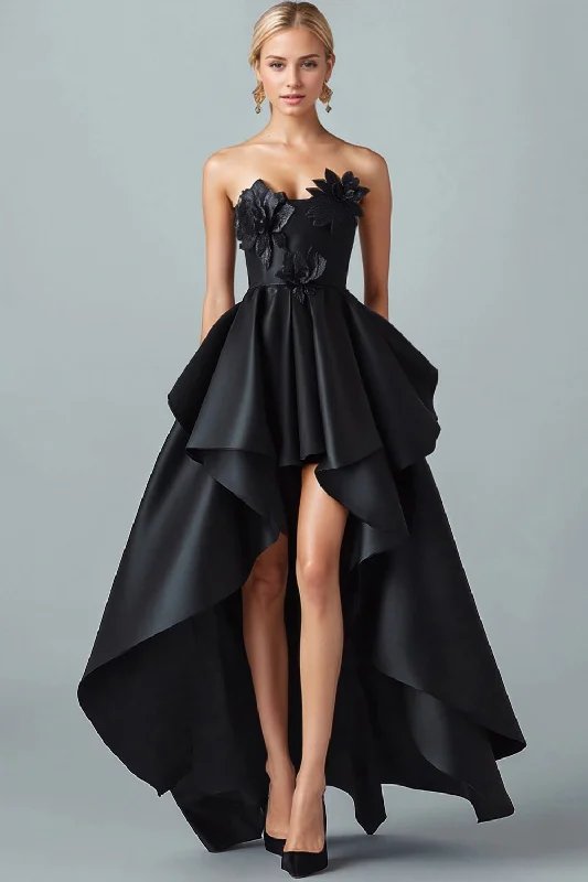 Sparkly Black Hi-Low A-Line Strapless 3D Flowers Ruffle Satin Formal Dress
