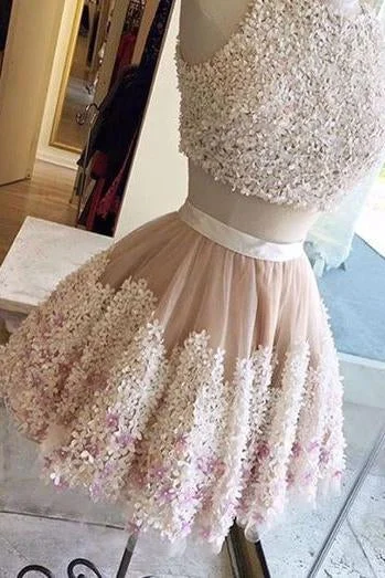 Cute Tull Flower Lace Appliques Short Prom Dress,Two Pieces Homecoming Dresses DM464 Cute Tull Flower Lace Appliques Short Prom Dress,Two Pieces Homecoming Dresses DM464