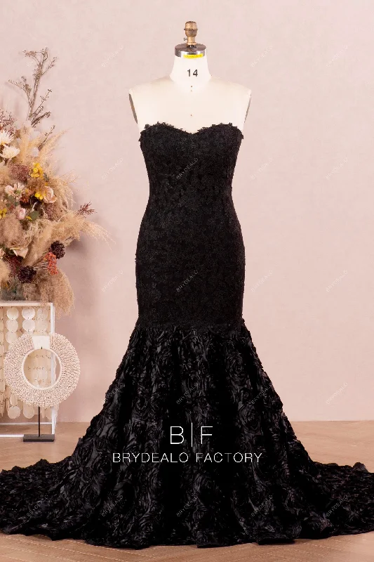 Dramatic 3D Rose Black Mermaid Strapless Dress