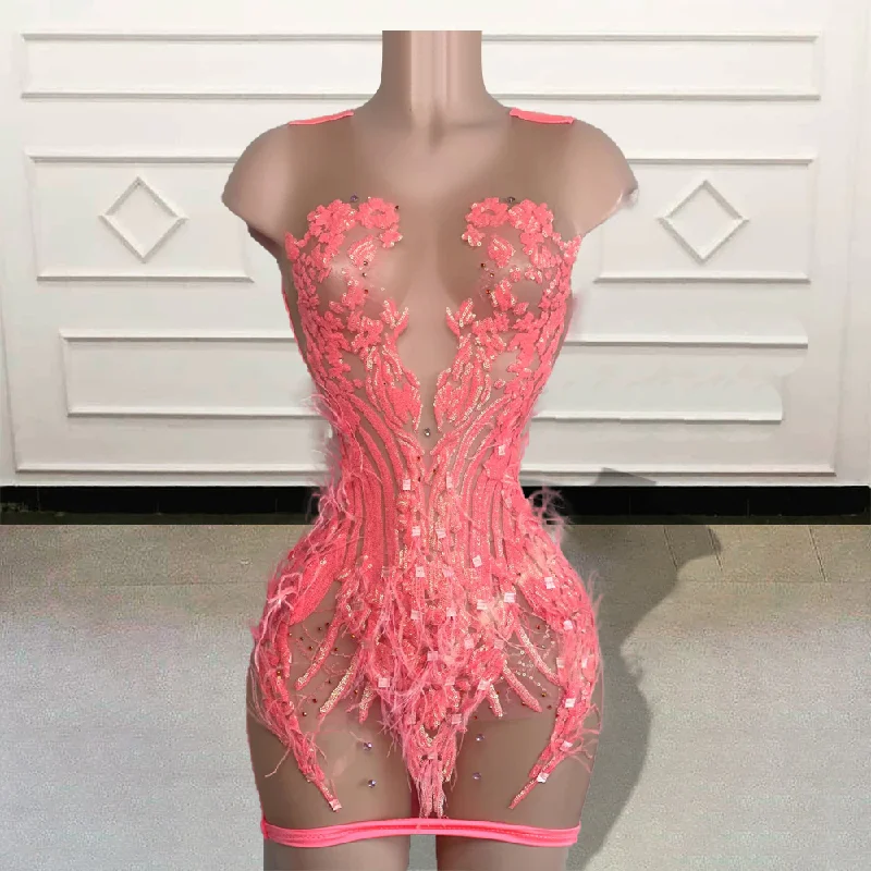Sexy Black Girls See Through Short Prom Dresses for Birthday Party Sparkly Sequin Feathers Women Pink Mini Cocktail Gowns Sexy Black Girls See Through Short Prom Dresses for Birthday Party Sparkly Sequin Feathers Women Pink Mini Cocktail Gowns