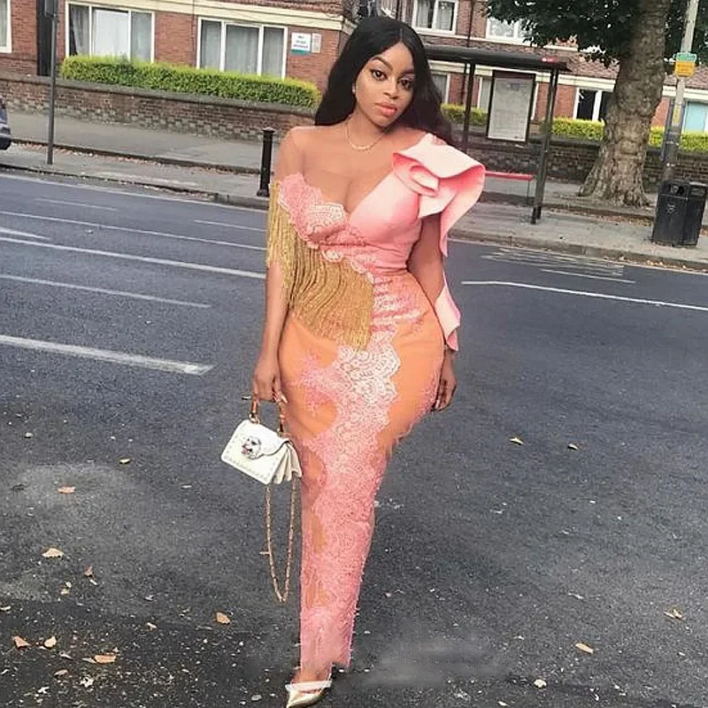 Sexy Sheer Neck Evening Dresses For Black Girls Tassels Ruffles Shoulder Lace Appliques Mermaid Prom Dress African Birthday Gown Sexy Sheer Neck Evening Dresses For Black Girls Tassels Ruffles Shoulder Lace Appliques Mermaid Prom Dress African Birthday Gown