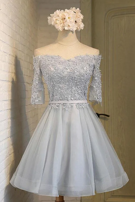 Cute Off shoulder Half Sleeves Lace Appliqued Short Homecoming Dresses DM368