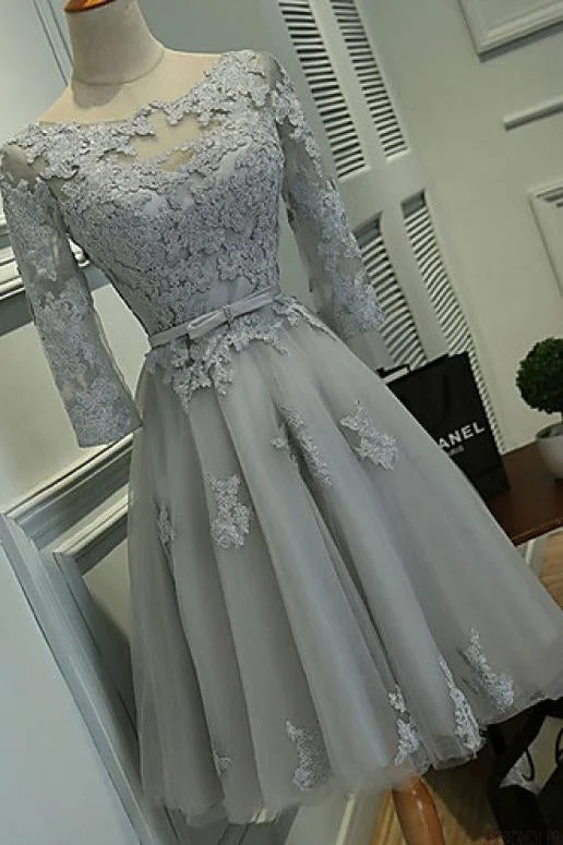 Gray A Line Homecoming Dresses with Half Sleeves,Lace Appliqued Short Prom Dresses DM463 Gray A Line Homecoming Dresses with Half Sleeves,Lace Appliqued Short Prom Dresses DM463