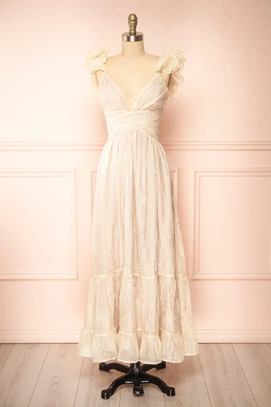 Isandra | Long Embroidered Beige Dress w/ Ruffled Straps