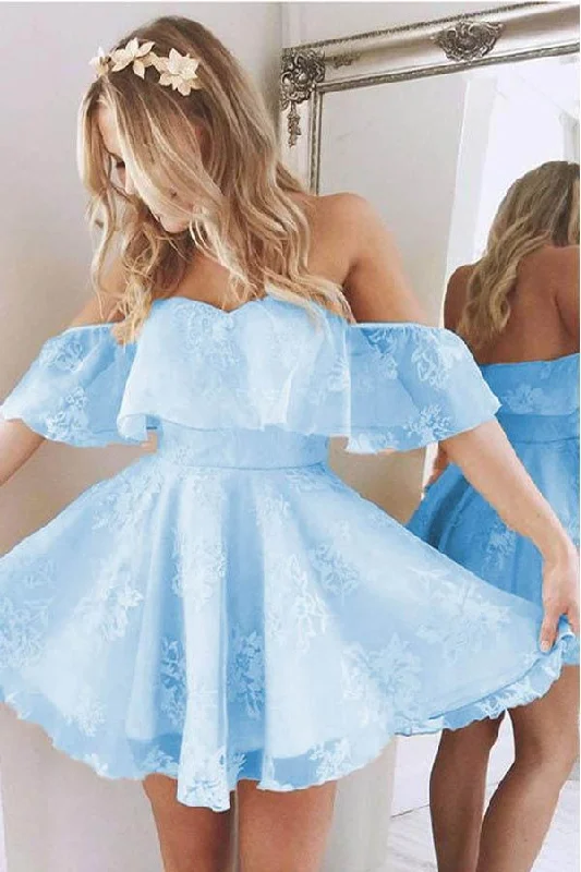 Short A Line Sweetheart Ruffles Prom Dresses,Off Shoulder Cute Lace Blue Homecoming Dress DM491 Short A Line Sweetheart Ruffles Prom Dresses,Off Shoulder Cute Lace Blue Homecoming Dress DM491