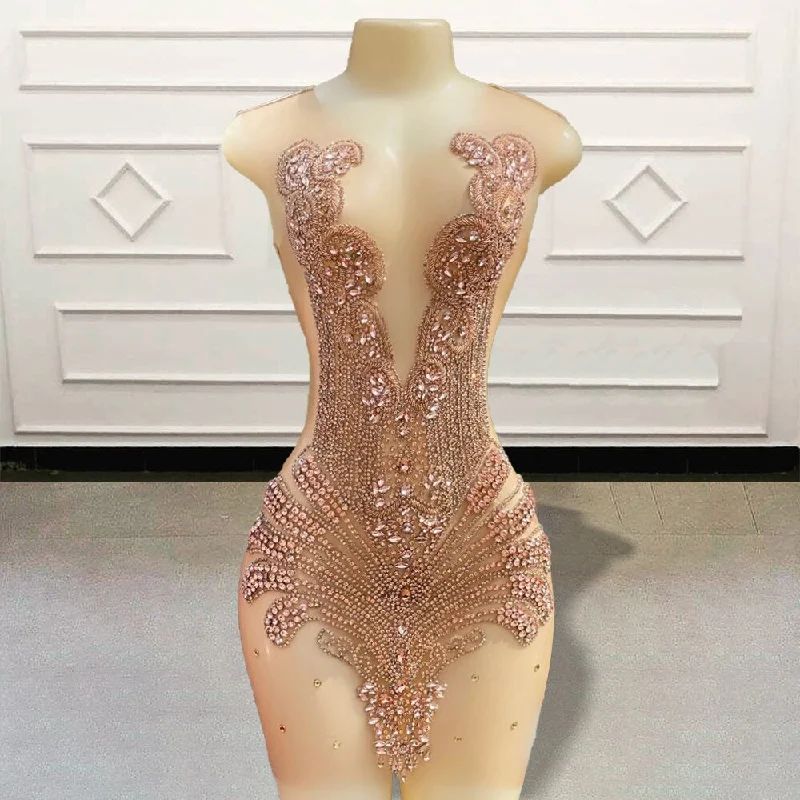 Sexy Sheer Short Prom Dresses Stunning Crystal Beaded Diamond Black Girls Mini Cocktail Gown for Birthday Party Custom Made Sexy Sheer Short Prom Dresses Stunning Crystal Beaded Diamond Black Girls Mini Cocktail Gown for Birthday Party Custom Made