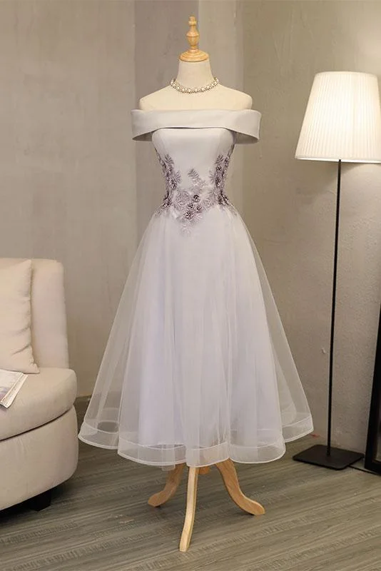 Gray A line off Shoulder Short Prom Dress,Appliques Homecoming Dress For Girls DM454