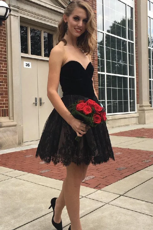 Cute Black Sweetheart Strapless Lace Prom/Homecoming Dress,Little Black Dresses DM354