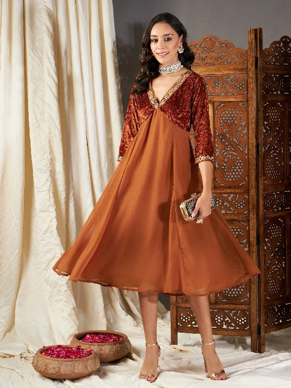 Lyush Women Rust Embroidered V-Neck Dress