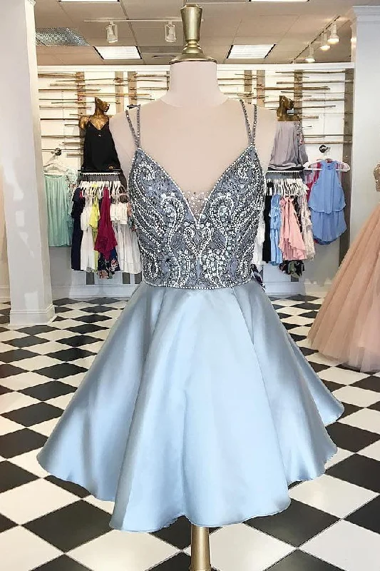 Spaghetti Straps Short Silver Beads A Line Backless Sexy Homecoming Dresses DM380