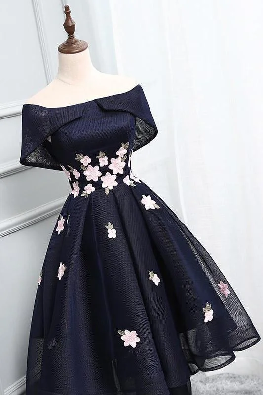Ball Gown Off the Shoulder Appliqued Homecoming Dress,Chic Asymmetrical Short Prom Dress DM423 Ball Gown Off the Shoulder Appliqued Homecoming Dress,Chic Asymmetrical Short Prom Dress DM423